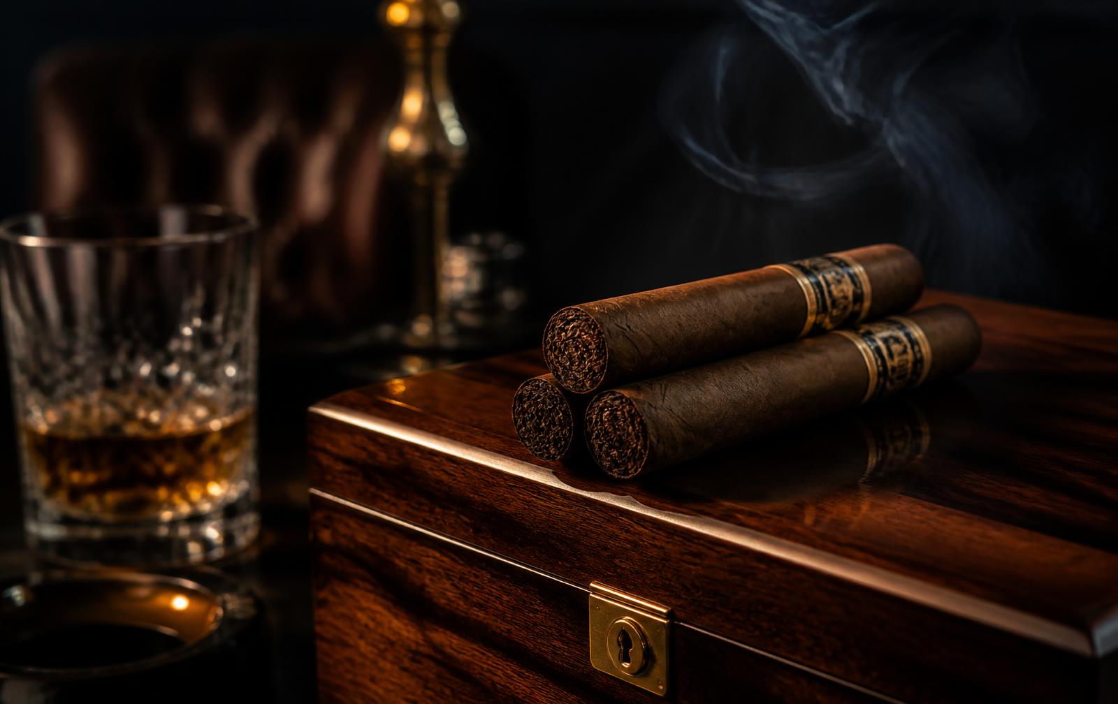 Premium cigars resting on a polished walnut humidor